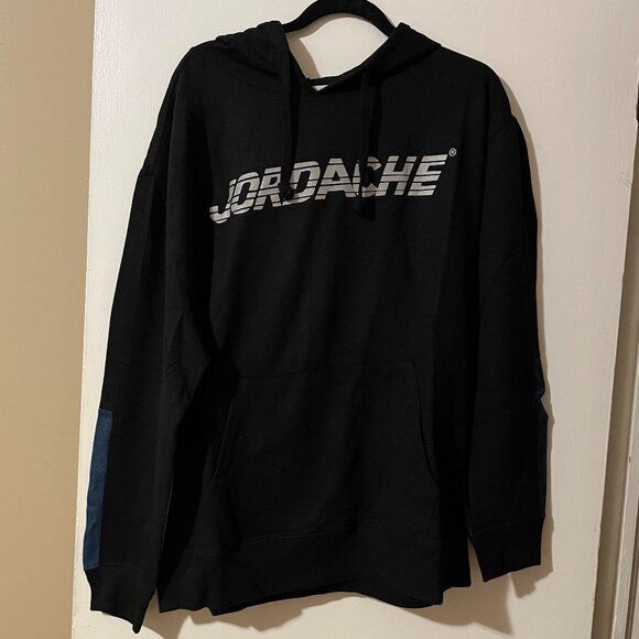Jordache Vintage Adam Mixed Fabric Black and Blue Denim Hoodie Size L - Picture 1 of 13
